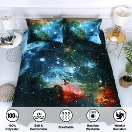 choicehot Duvet Cover Set Single Size - Space Galaxy Reversible Kids Quilt Cover Planet Theme Green Easy Cleaning Ultra Soft Comforter