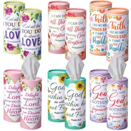 Outus 12 Pcs Car Tissues Cylinder Holder with 3 Ply Facial Tissue Bulk Black White Round Tissue Holder Travel Tissues Boxes Container for Car Cup Wedding Birthday Party(Flowers, Bible Verse)