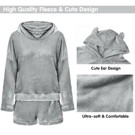 Women Cat Embroidery Pajamas 2pcs Winter Cute Girls Hooded Sleepwear Cat Ear Bathrobe Long Sleeve Shorts Fleece Tracksuit Suit (XL, Light Grey)
