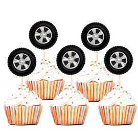 50pcs Tire Cupcake Toppers, Cupcake Decorations with Tire Wheels for Racing Theme Party Baby Shower Boys Girls Happy Birthday Party Decorations