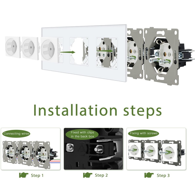 BSEED Schuko Socket, 3-Way, with Plug Terminal, Crystal Glass Plate,