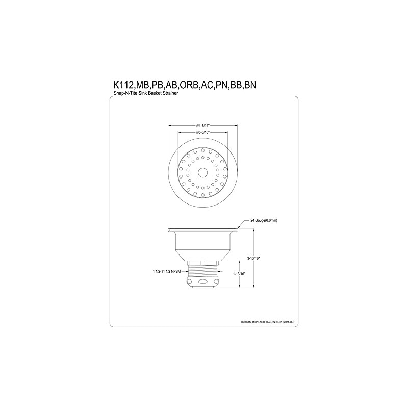 Kingston Brass K112MB Tacoma Kitchen Sink Basket Strainer, Matte Black