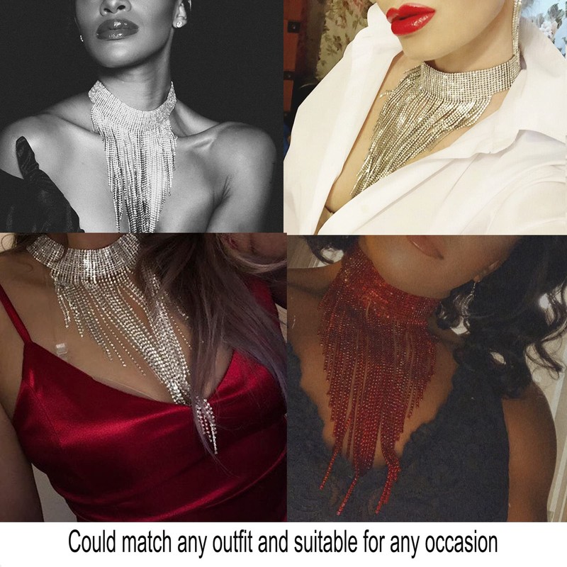 Ever Faith Rhinestone Statement Necklace for Women, Tassel Bib Choker