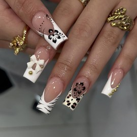 Press on Nails Medium Square OFDNE White French Tip Fake Nails False Nails with Designs Bow Charm Leopard Print Flower Zebra Stripes Glossy Glue on Nails Stick on Nails for Women Girls 24 Pcs