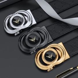 VANNANBA - Cinturones de carraca de piel para hombre, hebilla automática con caja de cinturón, regalo para hombres, 96-oro, 36-39W