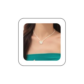 Yienate Boho Pearl Choker Necklaces Gold Vintage Pearl Necklace Minimalist Bow Pendant Necklace Petite Bridal White Imitation Pearl Beads Chain Bow Necklace Jewellery for Women, Zinc, No Gemstone