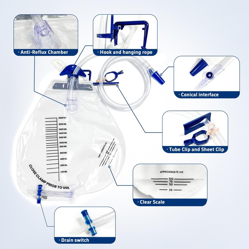 Carbou 2000ml Urine Drainage Bags with Anti-Reflux Chamber - 48"