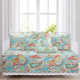 Cozy Line 7 Piece Daybed Cover Set - Mirage Paisley Turquoise Blue Coral Floral Leaf Reversible All Season Luxury Bedding with Bedskirt, Pillow Shams, Decorative Pillows