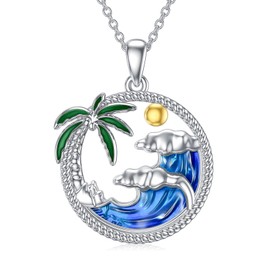PROESS Ocean Wave Necklace Sterling Silver Palm Tree Pendant Necklace Beach Jewelry For Women