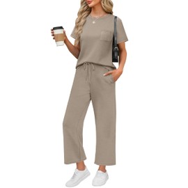 WIHOLL 2 Piece outfits Women fashion lounge wear sets for women uk Casual Summer Travel Vacation Outfits Short Sleeve Wide Pants Coffee L