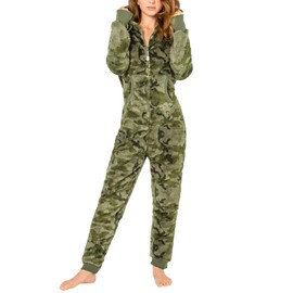 Eight2Nine Women's Teddy Fleece Jumpsuit with Hood and Ears, Fluffy Overall with Thumb Holes, Cuddly Comfortable Onesie for Relaxing, Black, Grey, Pink, XS-XL, Dark-green