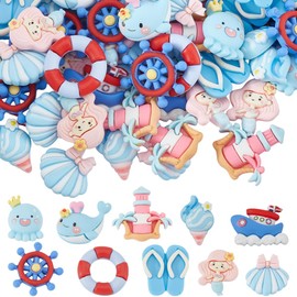 SUNNYCLUE 80Pcs 10 Styles Blue Flatback Charms Ocean Life Summer Resin Charms Flat Back Charm Ice Cream Mermaids Shell Beach Hawaii Cabochons for Crafts Embellishments Scrapbook Jewellery Making DIY