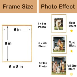 6x8" Gold Picture Frame,Glass Pressed Flower Frame,Floating Picture Frame for Photo (4x5,4x6,5x6,5x7in Float Effect),up to 6 by 8" Full Size Display,Self Standing for Wedding/Postcard/Collage..