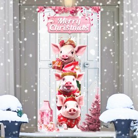 Merry Christmas Door Cover Decoration, Xmas Funny Pink Pigs Door Banner Backdrop, Cute Xmas Party Photography Background for Front Door Farmhouse Door Christmas Party Decoration