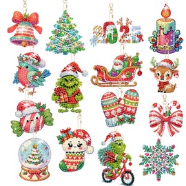 15 Pieces Diamond Art Kits for Adults Christmas Key Chains Set Art Ornaments DIY 5d Painting Round Drill Diamond Dots Gem Art for Aesthetic Room Decor Crystal Rhinestone Arts Craft (One-Sided)