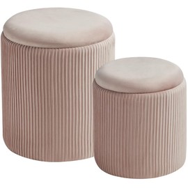 BLEXA Round Set of 2 Ottoman with Storage-Upholstered Velvet Vanity Stool for Makeup Multifunctional Ottomans Coffee Table Padded Seat Foot Rest for Living Room&Bedroom (Pink)