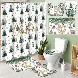 4 Pcs Christmas Shower Curtain Set Winter Xmas Tree Bathroom Decor