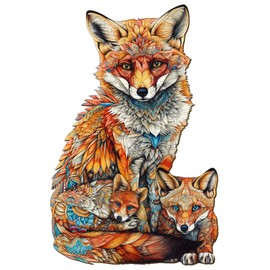 Funnli Wooden Puzzles for Adults and Children, Unique Animal-Shaped Wooden Puzzle (Fox Family), Puzzle Made of Animal Pieces (S-9.2 x 5.9 in, 100 Pieces)
