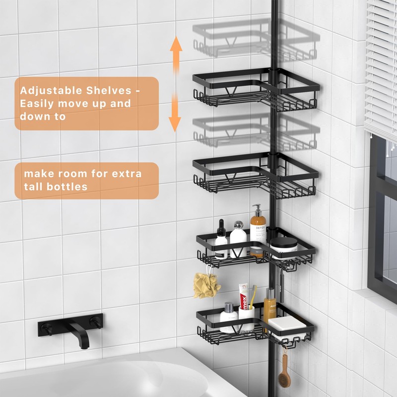 KEGII Black Shower Caddy Tension Pole with 2 Towel Bars,