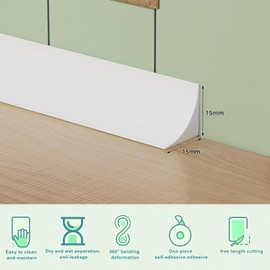 118'' Flexible Quarter Round Molding - Self Adhesive Corner Trim for Wall Floor Edge, Peel and Stick Shoe Molding Baseboard, Bendable Rubber Trim for Stair, Countertop, Backsplash, Bathroom