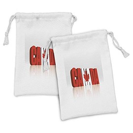 Lunarable Canada Fabric Pouch Set of 2, Digital Pattern of a Flag Illustrated Big Canada Wording Bold Letters, Small Drawstring Bag for Toiletries Masks and Favors, 9" x 6", Vermilion and Off White
