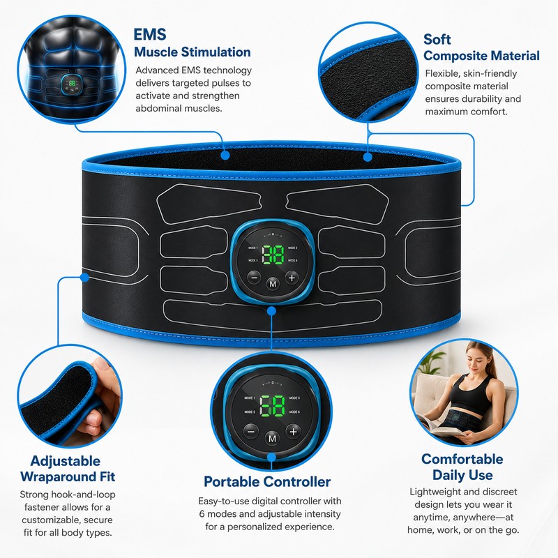 EMS Abdominal Muscle Stimulator Belt for Adult Fitness – Portable