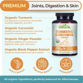 Organic Turmeric Curcumin Supplement in Capsules with Ginger and Black Pepper - Tumeric