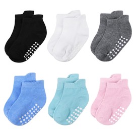 jealkip - Calcetines de algodón suave antideslizantes para recién nacidos, niños y niñas, 6 pares: negro/blanco/gris/azul/cian/rosa claro, 6-12 Meses