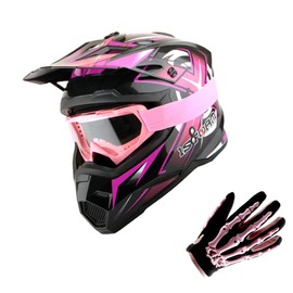 1Storm Adult Motocross Helmet BMX MX ATV Dirt Bike Helmet Racing Style Glossy Pink; + Goggles + Skeleton Pink Glove Bundle