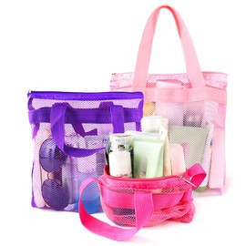 3 Pcs Portable Mesh Shower Caddy Tote, Quick Dry Tote Bag Mesh Beach Bags for Women, Hanging Toiletry and Bath Organizer for Travel Swimming Sports Gym Camp Shopping College Dorms (Pink Purple Rose)