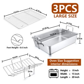 15.3 Inch Roasting Pan with Rack Set of 3(Deep Broiling Pan & V-shaped Rack & Flat Cooling Rack), Herogo Stainless Steel Turkey Roaster Pan for Thanksgiving Christmas, Dishwasher Safe