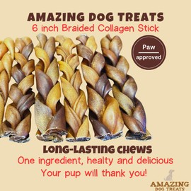 Amazing Dog Treats - 6 Inch Braided Collagen Sticks for Dogs - (10 Count) - Collagen Bully Sticks for Dogs - 95% Natural Collagen Sticks for Dogs - No Hide Bones for Dogs