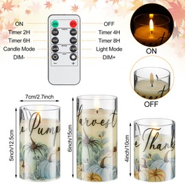 MTLEE 3 Pcs Fall Flameless Candles Pumpkin Farmhouse LED Candles Fake Candles with Remote Battery Operated Timer Painting Autumn Harvest Thanksgiving Gift for Home Party Christmas Botanical Fall Decor