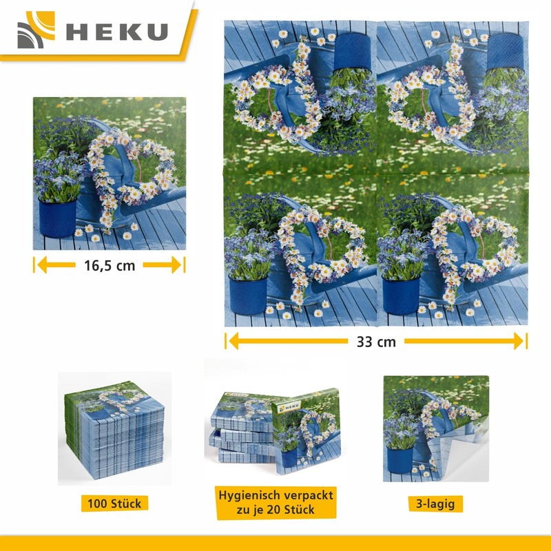 HEKU 100 napkins, 3-ply, 33 x 33 cm, flower heart,