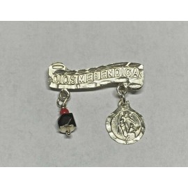 Sterling Silver Dios Me Bendiga Baby Pin with Genuine Azabache & Guardian Angel