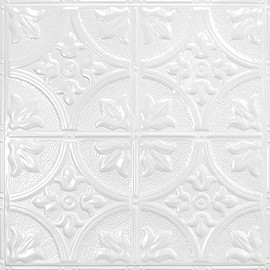 American Tin Ceilings [5 Pack] 24" x 24" 100% Tin Nail-Up Ceiling Tiles | Pattern #2 Bright White Satin Large Victorian Floral Arching Diamonds Perfect for Ceilings & Kitchens