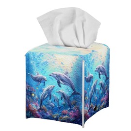 ZFRXIGN Dolphin Tissue Box Cover Square Paper Tissue Holder Napkin Tissues Organizer Home Decor Tissue Case for Bathroom Bedroom Dresser Living Room Office Car Blue Ocean Theme Decor