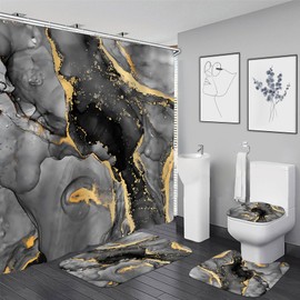 Nkzply 4 Pcs Black Marble Shower Curtain Set Grey Modern Abstract Bathroom Sets with Shower Curtain and Rugs Gold Fabric Shower Curtains for Bathroom Decor Accessories with Toilet Lid Cover Hooks
