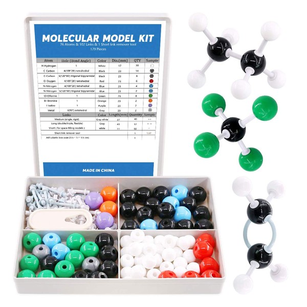 Swpeet 179 Pcs Organic Chemistry Molecular Model Student and Teacher Kit, Chemistry Molecular Model Student and Teacher Set - 76 Atoms & 102 Links & 1 Short Link Remover Tool