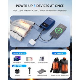 PD 30W 20000mAh Battery Pack for Heated Vest Built-in 3 DC Size Adapter, 7.4V/5V Battery Pack for Heated Vest & Jackets with LED Display Compatible with ORORO and Venustas Blue