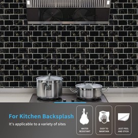 Art3d 10-Sheet Peel and Stick Subway Backsplash, 12 in. x 12in. Black Marble Design