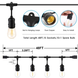 48ft LED Outdoor String Lights with 15+1(Spare) 1W Shatterproof Bulbs, Black Waterproof IP65 Connectable Outdoor Decorative Lights for Garden Patio Cafe Bistro Backyard Porch, UL Listed