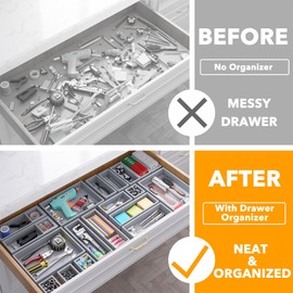 SpaceAid 21-Piece Bamboo Drawer Organizer Storage Boxes Set, Wood Tray Junk Drawer Organizers Multi-Use Divider Bins for Kitchen, Bathroom, Office Desk and Makeup Organization (21 Pack, Gray)