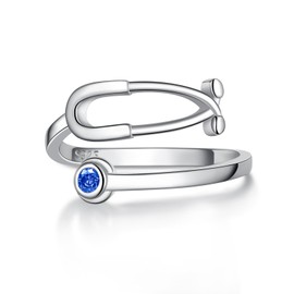 YLT Sterling Silver Heartbeat Stethoscope Set Rings Birthstone Ring for Your Wife Mom Doctor Nurse Friends