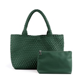 LMKIDS Woven Bag for Women, Vegan Leather Tote Bag Large Summer Beach Travel Handbag and Purse Retro Handmade Shoulder Bag (Blackish Green)