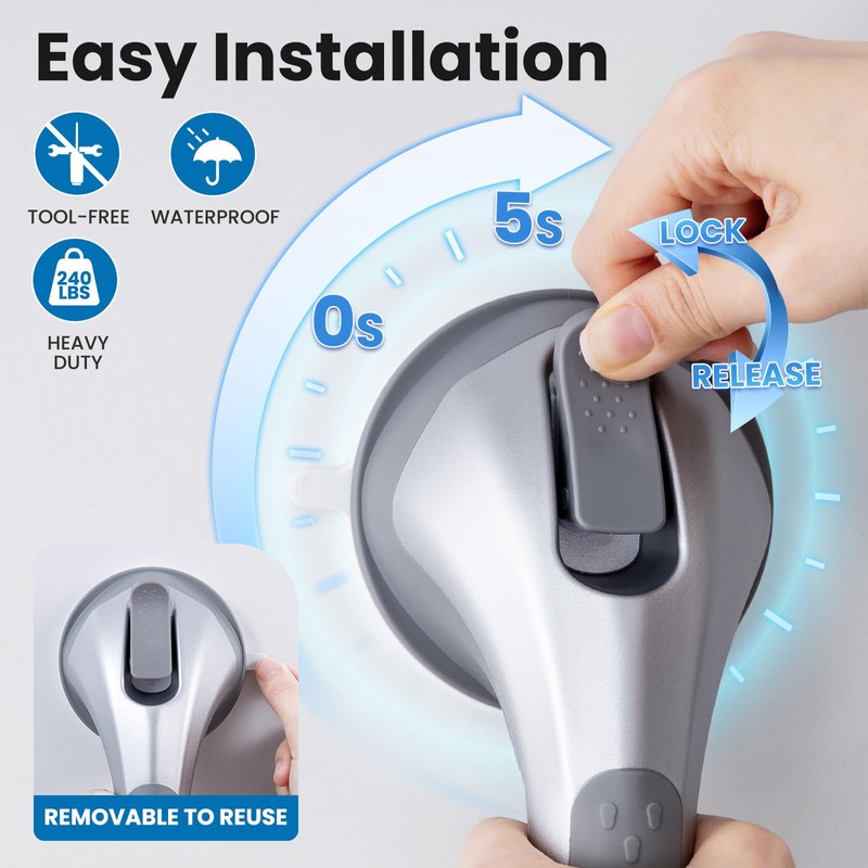 LEVERLOC Shower Grab Bar, 12 Inch Suction Grab Bars for