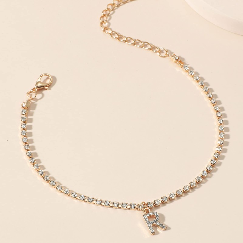 Wendalern Initial Anklet Gold Crystal Chain Tennis Anklet CZ Letter