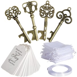40 Pieces Bottle Opener with Vintage Key and Companion Card, Organza Bag and Ribbon for Wedding Party Favors, Rustic Decoration (40 Pieces-Bronze)