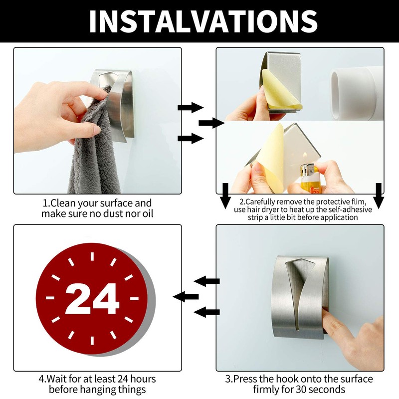 Boao 4 Pcs Self Adhesive Towel Hook Holder Grabber Stainless
