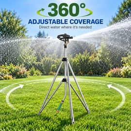 Heavy Duty Tripod Sprinkler with 100 Ft Spray Diameter, 48-72 Inch Adjustable Stand, 360° Brass Impact Head for Lawn and Farm Irrigation